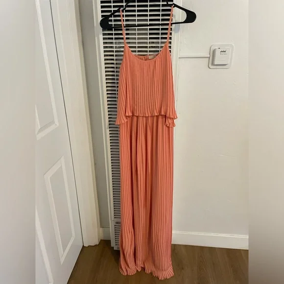 Lovers + Friends Long Orange Pleated California Girl Dress in Coral - Picture 2 of 12